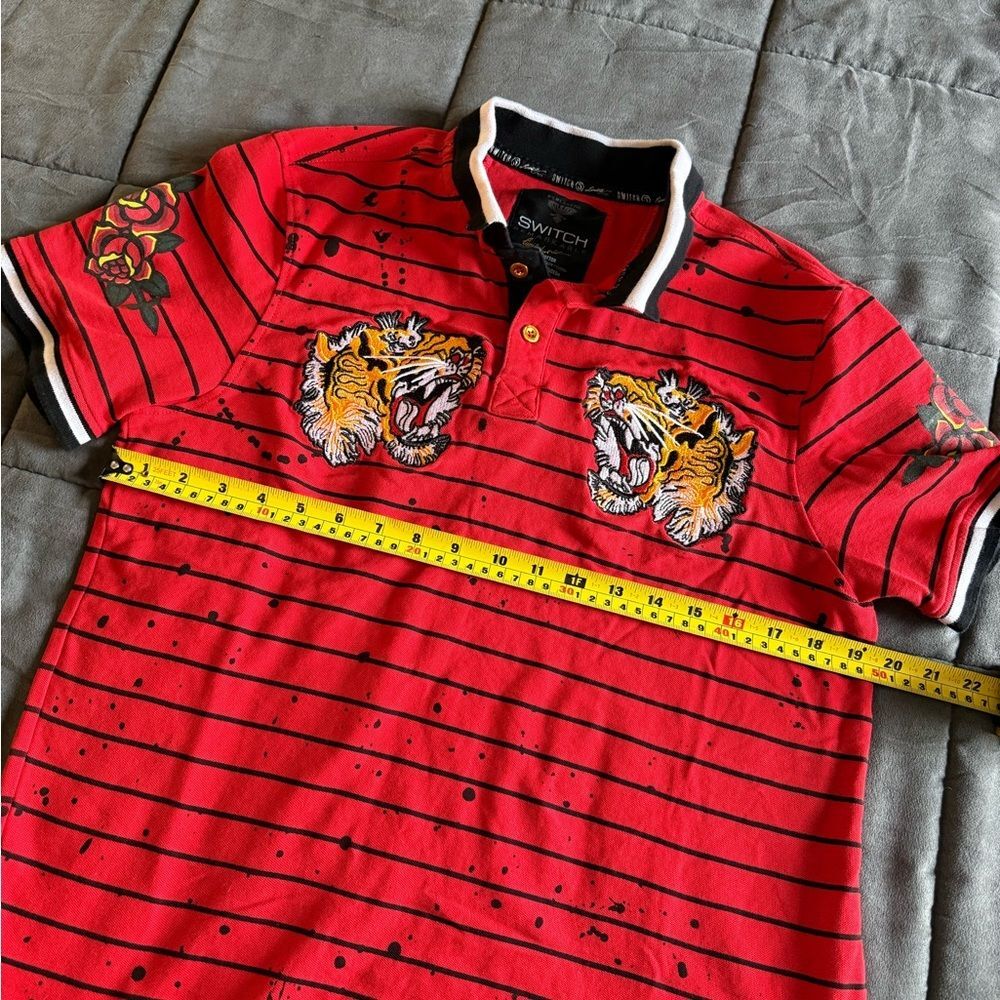Switch Remarkable Red Striped Polo Shirt with Tiger Embroidery Y2K Size Medium - Picture 7 of 9